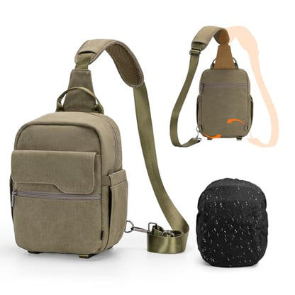 Cwatcun Large Canvas Sling Bag, Crossbody Chest Bag with Tripod Holder - color: Green, size: Large