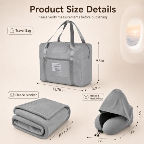 Travel Blanket and Pillow Set - Hooded Neck Pillow Airplane Essentials Grey - color: Grey