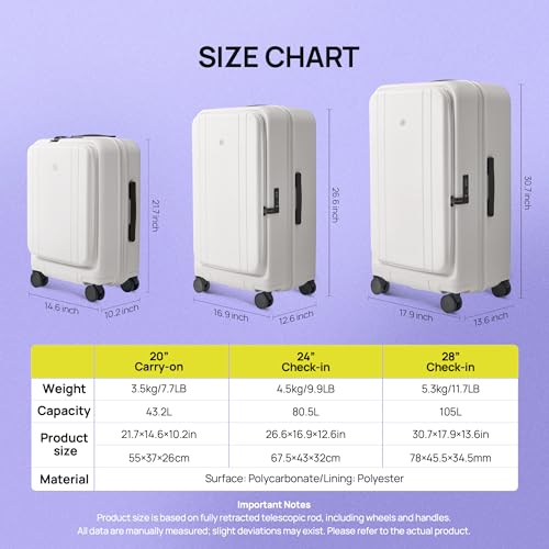NINETYGO Medium Checked Luggage 24 Inch, Top Opening Luggage Checking In Luggage, Expandable, PC Hard Shell, Larger Capacity Checked, TSA Lock, 360° Spinner Wheels (White,HBP) - color: 08-White, size: Checked 24-Inch