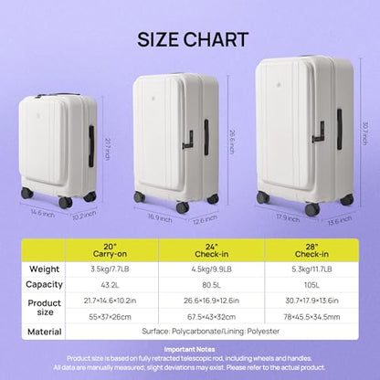 NINETYGO Medium Checked Luggage 24 Inch, Top Opening Luggage Checking In Luggage, Expandable, PC Hard Shell, Larger Capacity Checked, TSA Lock, 360° Spinner Wheels (White,HBP) - color: 08-White, size: Checked 24-Inch