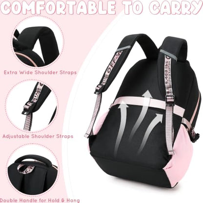 3PCS Backpack for Girls, Girls Backpack for School with Lunch Box Pencil Case, Cute Kids Teens Bookbag for Kindergarten Elementary Preschool Middle School Black Pink - color: Black Pink