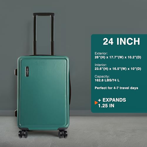 TRAVELARIM 24 Inch Checked Luggage with Spinner Wheels, Medium Suitcase | Expandable, Durable Hard-Shell, Scratch-Resistant, 360° Spinner Wheels, TSA Lock, Travel-Friendly, Green - color: Green, size: Medium 24-Inch Checked