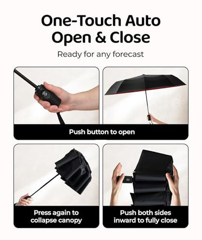 Windproof Travel Umbrella - Compact & Withstands Winds up to 100MPH, Strongest Premium Auto Folding Umbrella for Rain and Sun - Durable, Light & Portable for Women & Men, Fits Backpack & Cars - color: Black + Red 1-Pack