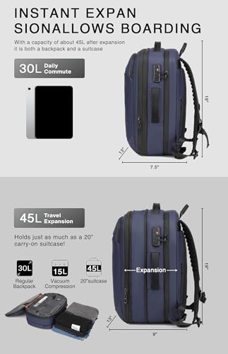 45L Travel Backpack with Vacuum Compression System Fits 16" Laptop | Expandable Carry On Backpack with Pump, Water Resistant, TSA Lock, Vacuum Backpack for Travel & Business - color: Blue B
