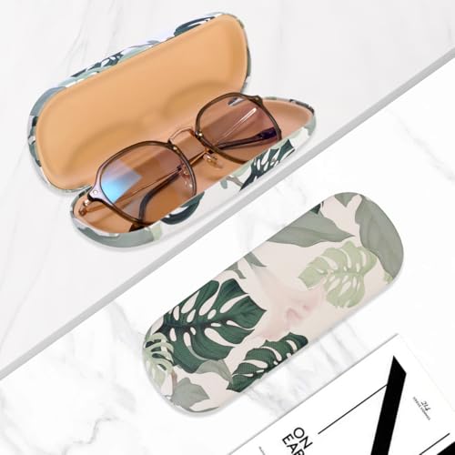 PERFECTSIGHT Hard Shell Eyeglasses Case, PU Leather Protective Glasses Case, Cute Eyeglass Case for Women Men Girls - color: Monstera
