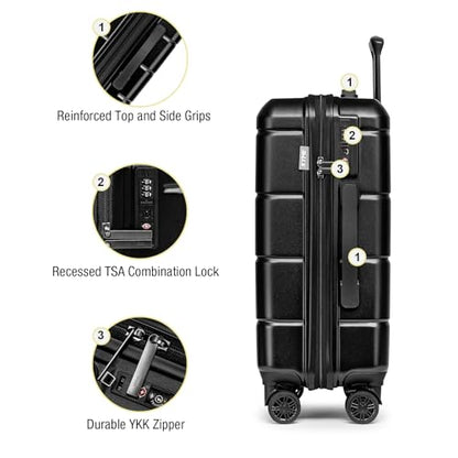 KYME 24 Inch Luggage TSA Approved Hardshell Suitcases with Spinner Wheels Durable PC+ABS Medium Checked Travel Luggage for Women Men - color: Black, size: Checked-Medium 24-Inch