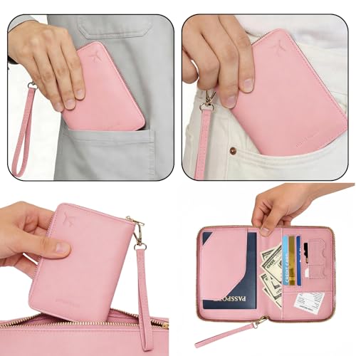 Passport Holder for Travel Wallet,RFID Detachable Wrist Strap Wallet - color: Pink