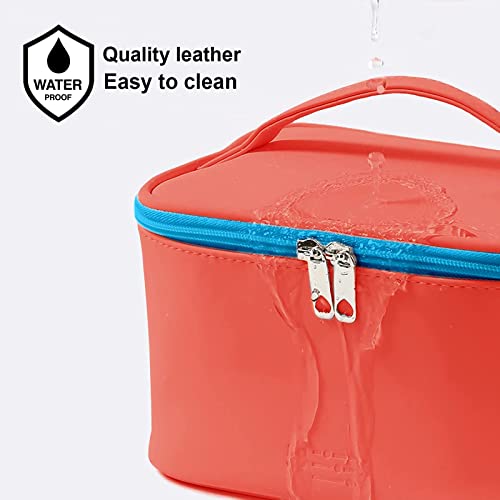 Meiyuuo Travel Makeup Bag for Women, PU Leather Cosmetic Bag, Red - color: Orange Red