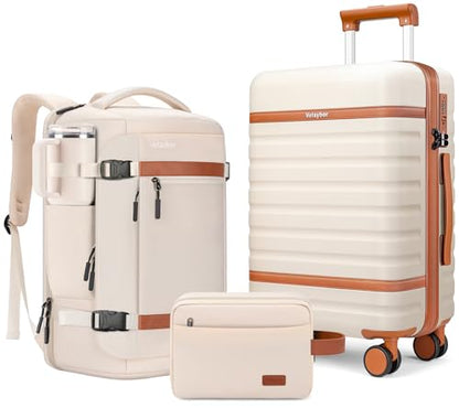 20" Carry On Luggage Set 3 Piece With Travel Backpack, YKK Zippers - color: Beige, size: 3 Piece Set (20inch)
