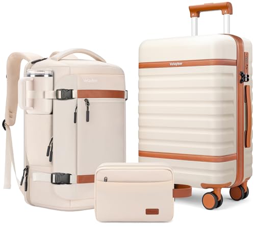 20" Carry On Luggage Set 3 Piece With Travel Backpack, YKK Zippers - color: Beige, size: 3 Piece Set (20inch)