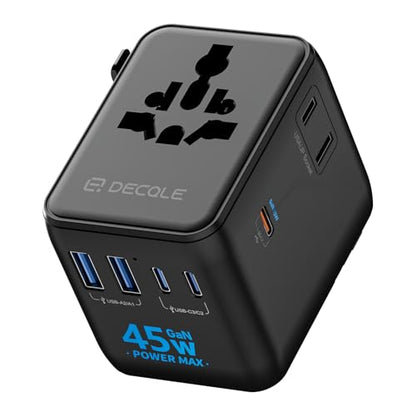 “Pro” Universal Travel Adapter 3 USB-C＆ 2 USB-A Cover 200+ Countries - color: Black, size: 3C+2A 45W