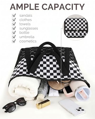 HOMESPON Beach Bag Large Waterproof Sandproof Tote for Women with Zipper and Mesh Pockets - color: Black Grid, size: Medium