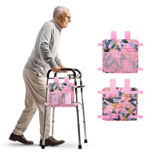 supregear Walker 사이드 백, 접이식 워커용 방수 액세서리 바스켓 파우치, 경량 핸즈프리 보관 캐리어 토트, 범용 사이즈 노인 캐디 부착물, 핑크 플로럴 - color: 핑크 플로럴.