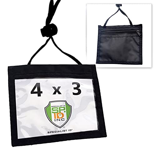 Nylon Neck Wallet Badge Holder with Lanyard - 4 X 3 Credential & Travel Badge Holder with 3 Pockets - Clear Plastic 4X3 Horizontal Window, Zipper Pouch + by Specialist ID - color: Black, size: 1 Single