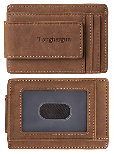 Toughergun Slim Wallet for Men RFID Blocking Money Clip, Minimalist Front Pocket Credit Card Holder, Magnetic Thin Mens Wallets with ID Window - color: Deep Brown