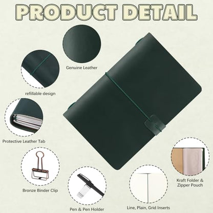 Traveling Refillable Leather Journal Notebook, Green, A5 Size - color: Green, size: A5 Size