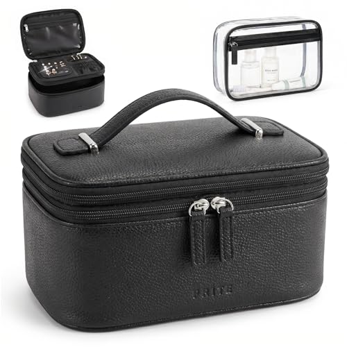 Prite 2 Pcs Makeup Bag Set Travel Cosmetic Case with Clear Toiletry Bag - color: Black