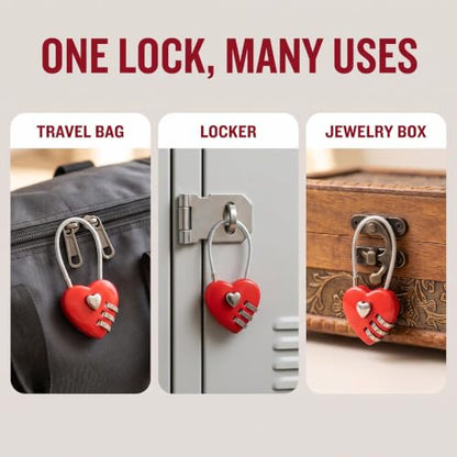4Pcs Red Mini Love Heart Lock Heart Padlock, Mini Code Lock, Wire Rope 3-Digit Code Combination Padlock for Travel Bags/Suitcase/Lockers/Backpacks/Jewelry Boxes Combination Locks