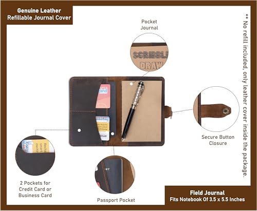 Genuine Leather Refillable Field Notes Cover 3.5 x 5.5" | Handmade Distressed Pocket Journal & Travel Diary Cover with Card Slots, Pen Loop & Passport Pocket Planner Case - color: Brown Field Journal Notebook