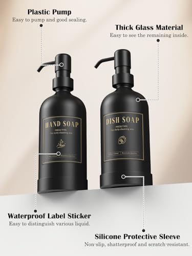 Luxspire 17 oz Glass Liquid Soap Dispenser Set, Black + Dark Gray, 2 Pack - color: Black+gray