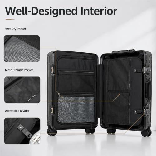 20" Aluminum Frame Carry-On with Front Pocket & USB Port - color: Black