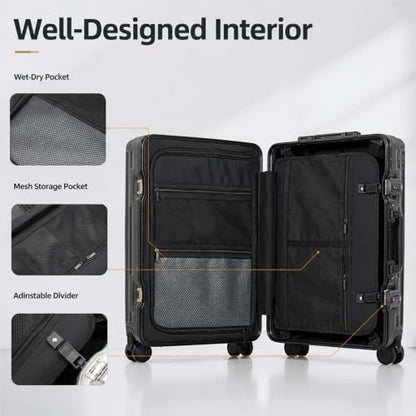 20" Aluminum Frame Carry-On with Front Pocket & USB Port - color: Black