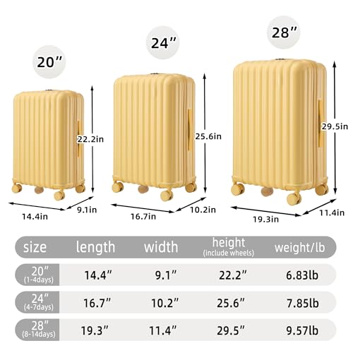 3 Luggage Sets, ABS Hardshell Suitcases Spinner Wheel with Combination Lock - color: Vertical stripes yellow, size: 20/24/28 Inch