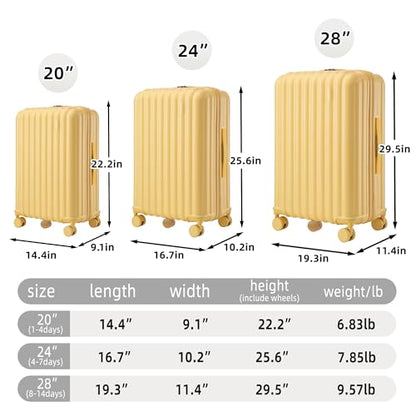 3 Luggage Sets, ABS Hardshell Suitcases Spinner Wheel with Combination Lock - color: Vertical stripes yellow, size: 20/24/28 Inch