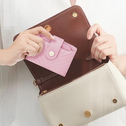 Small Womens RFID Bifold Pink Wallet,Compact Leather Card Holder - color: Pink