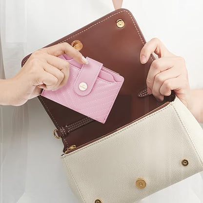 Small Womens RFID Bifold Pink Wallet,Compact Leather Card Holder - color: Pink
