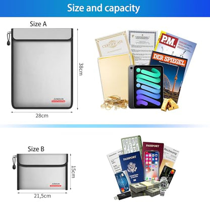 JUNDUN 6400°F Fireproof Document Bag,15"x11" & 8.5"x6" - color: Silver
