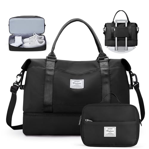 Travel Duffel Bag with Shoes Compartment,Weekender Bags for Women Travel - color: Black, size: Large