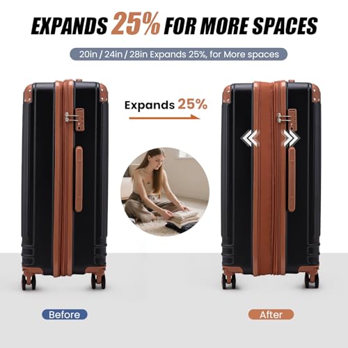 KUNEL Luggage Sets 5 Piece, Hardshell Expandable Suitcase, 20/24/28inch - color: Black