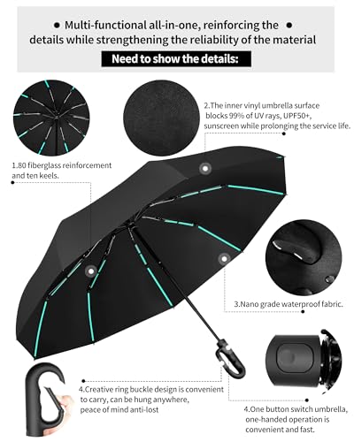 ADOV 10 Alloy Shafts & 20 Reinforced Fiberglass Ribs Heavy-Duty Windproof, Storm-Proof Automatic Open/Close Umbrella with Carabiner Handle for Rain and Strong Wind, Compact Travel Umbrella - color: white