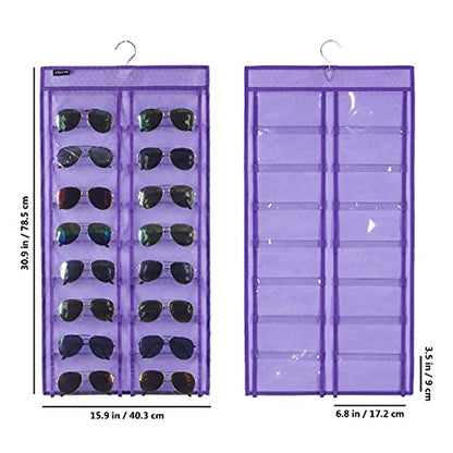 Dual Sided Hanging Sunglasses Organizer Wall Eyeglass Holder Sunglass Rack for Home with 32 Dust Proof Pockets (32 Pockets-Purple) - color: 32 Pockets-Purple