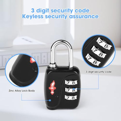 Safe Skies 3-Digit TSA Lock 4-Pack Black – Easy Set for Luggage - color: 4 PACK BLACK