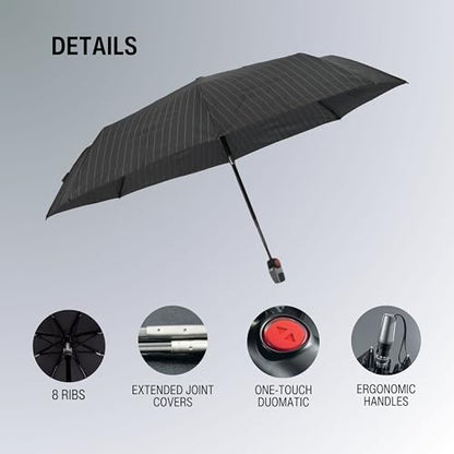 Knirps T.200 Duomatic Compact Rain Umbrella in Men's Stripe– Wind Tunnel Tested to 93 mph, Aluminum Steel Fiberglass Frame, 38in Canopy, OEKO-TEX, High-Performance Automatic Travel Umbrellas - color: Men's Stripe