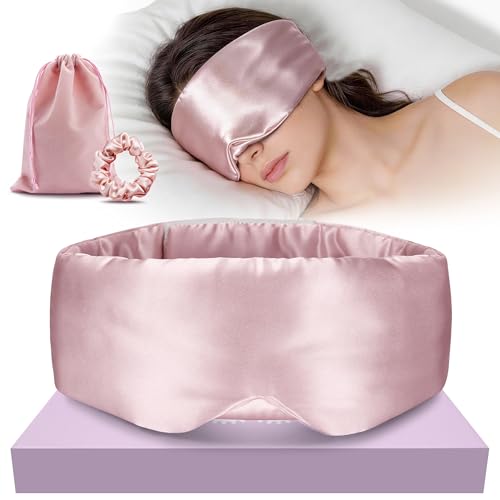 Silk Sleep Eye Mask & Hairband Set for Side Sleeper Women Men (Pink) - color: Pink