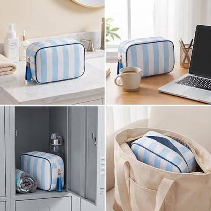 Preppy Striped Makeup Bag for Women, Structured Travel Cosmetic Pouch with Protective Sponge Padding, Large Canvas Toiletry Organizer with Tassel Zipper for Daily Purse(Blue White) - color: Blue White