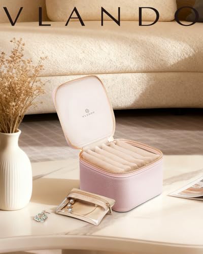 VLANDO Travel Jewelry Case with 6 Clear Velvet Zipper Pouches,Pink - color: B.6 PCS Pink