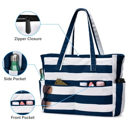 oscaurt Beach Bags for Women Large Waterproof Sandproof Beach Tote Swim Pool Bag with Zipper for Travel Vacation Essentials - color: Dark Blue Stripe