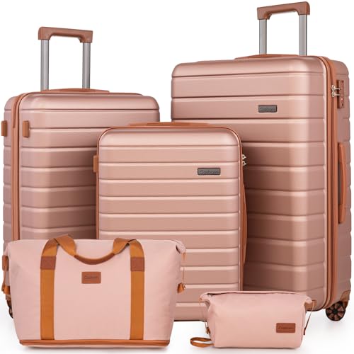 Cosbarn Luggage Sets 5 Piece, Hardshell Suitcases with Wheels, TSA Lock - color: RoseGold