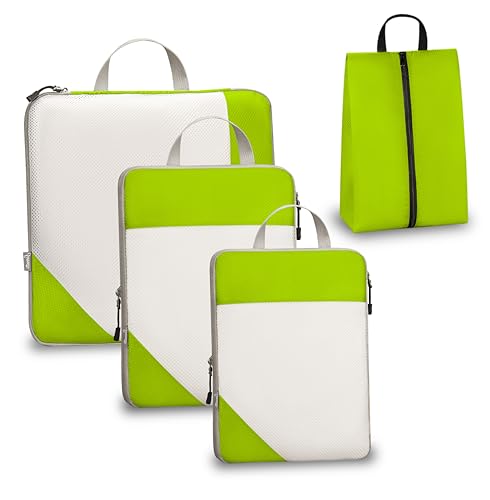 Compression Travel Packing Cubes with White Mesh, Green, 4Pcs - color: Green, size: Set of 4