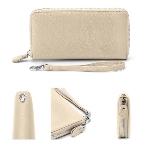 Moflycom Womens Wallet RFID Blocking Genuine Leather Zip Clutch Wristlet - color: Y1-Beige