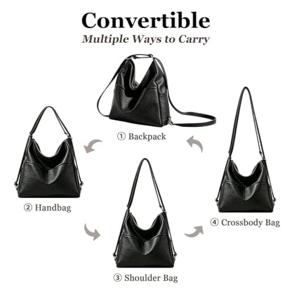 Convertible Backpack Purse for Women with Compartments and Pockets - color: Black