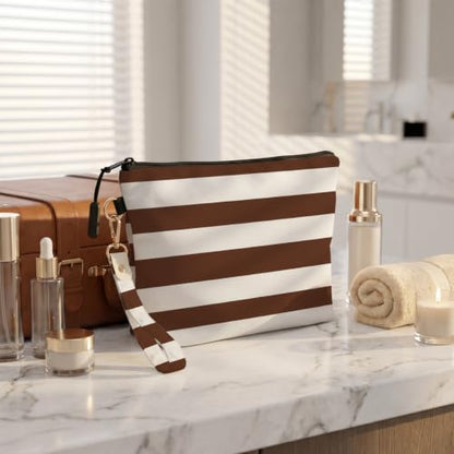 Fokongna Makeup Bag with Keychain Wristlet, Brown Stripes - color: Brown Stripes