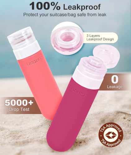 Quatish 세면 용품용 여행용 병, 오리지널 특허 누출 방지 여행용 사이즈 용기, 85g Tsa 승인 실리콘 샴푸 및 컨디셔너 병, 4팩, 레드 락, 로즈 - color: 장미.