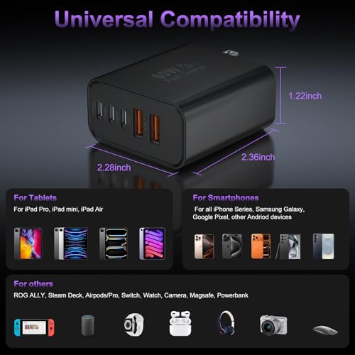 USB C 고속 벽 충전기 블록, 3팩 60W USBC 충전 큐브, 5포트 PD+QC 전원 어댑터 멀티포트 브릭 타입 C 박스 플러그 휴대폰 17/16/15/14/13/12/11/프로 맥스/플러스, 패드 미니/프로/S25/S24-블랙 - color: 블랙-3팩.