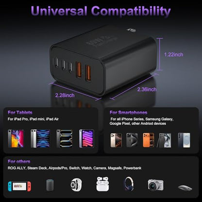 USB C 고속 벽 충전기 블록, 3팩 60W USBC 충전 큐브, 5포트 PD+QC 전원 어댑터 멀티포트 브릭 타입 C 박스 플러그 휴대폰 17/16/15/14/13/12/11/프로 맥스/플러스, 패드 미니/프로/S25/S24-블랙 - color: 블랙-3팩.