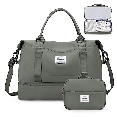 Weekender Bags for Women, Personal Item Travel Bag with Shoes Compartment - color: Olive Green, size: Large